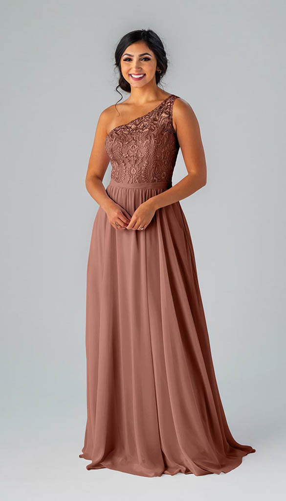 long one shoulder lace bridesmaid dress