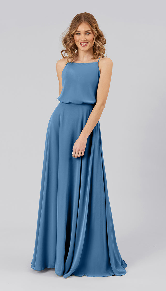 Flowy Adjustable Straps Steel Blue Bridesmaid Dress