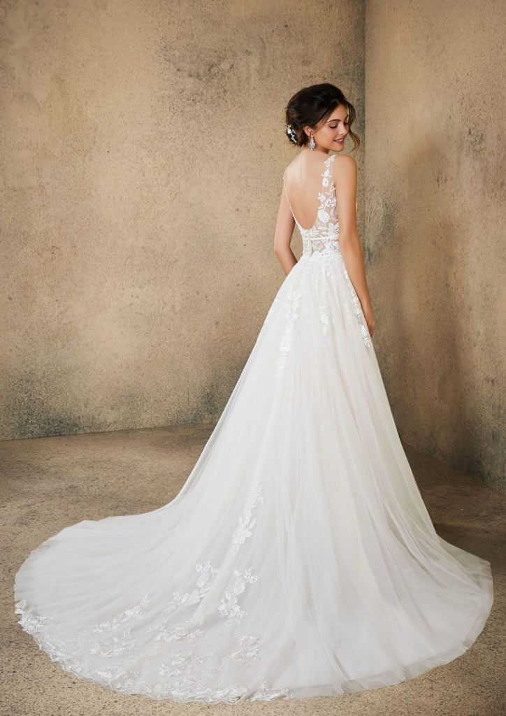 Flirty Lace Fit-and-Flare Wedding Dress with Deep Plunging Neckline
