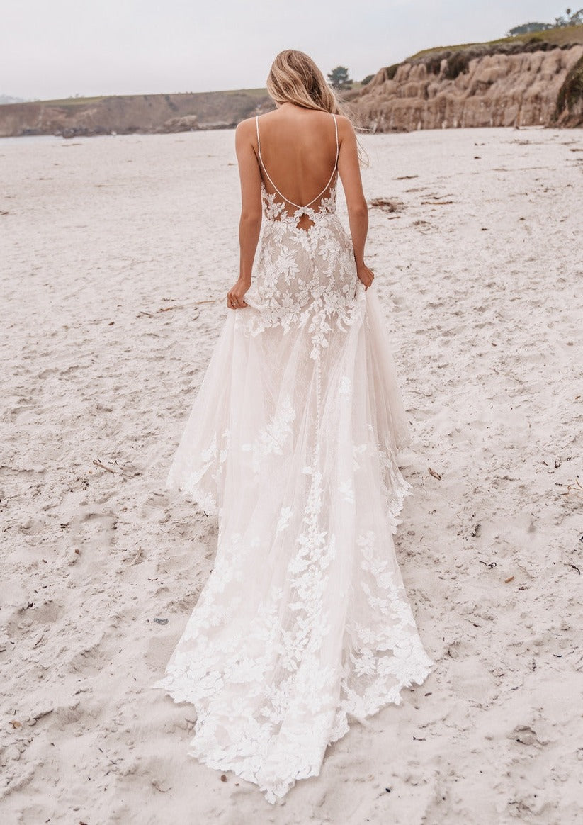 A-line Beach Unique Sequin Sparkly Modest Long Wedding Dresses, Bridal  Gowns WD110