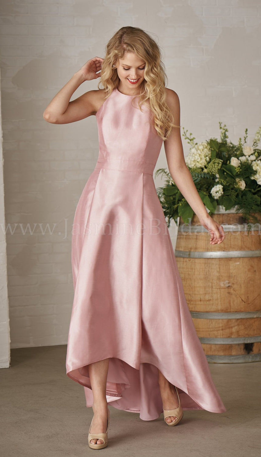 Jasmine Bridesmaid P206014 High-Low Jewel Neckline Satin Back