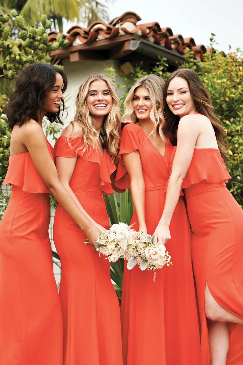 bright coral bridesmaid dresses